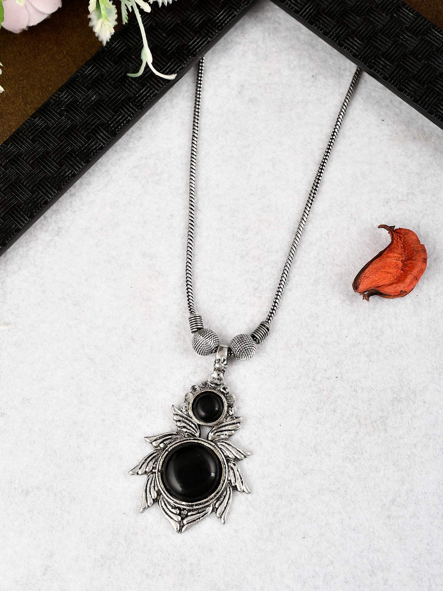 Silver Plated Oxidised Black Stone Studded Contemporary Necklace