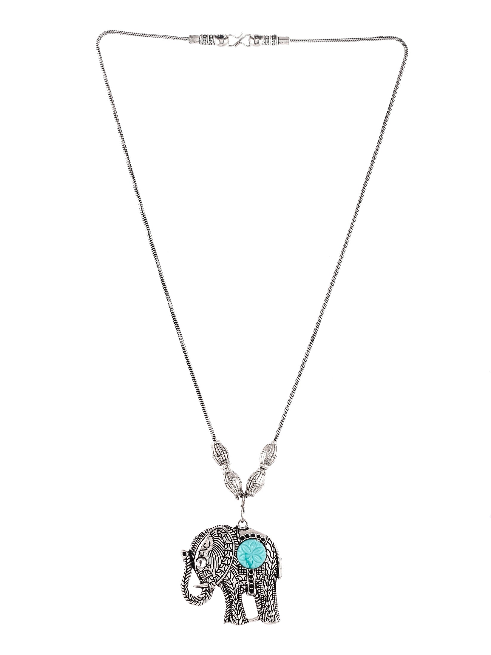 Silver Plated Oxidised Blue Stone Studded Elephant Necklace