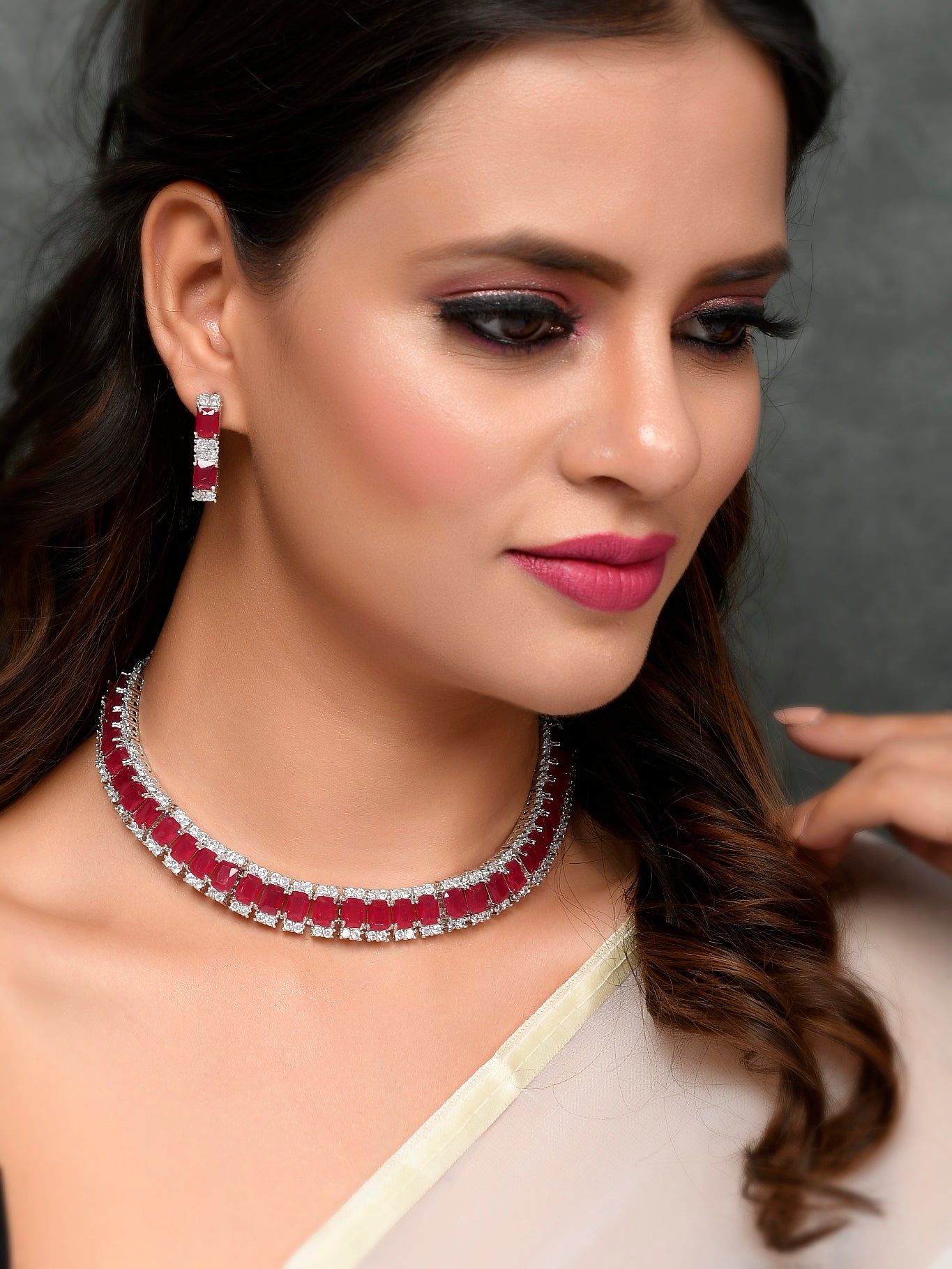 Silver Plated Red American Diamond Stone Studded Jewellery Sets for Women Online