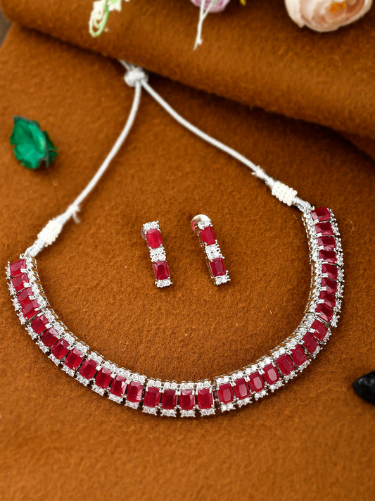 Silver Plated Red American Diamond Stone Studded Jewellery Set