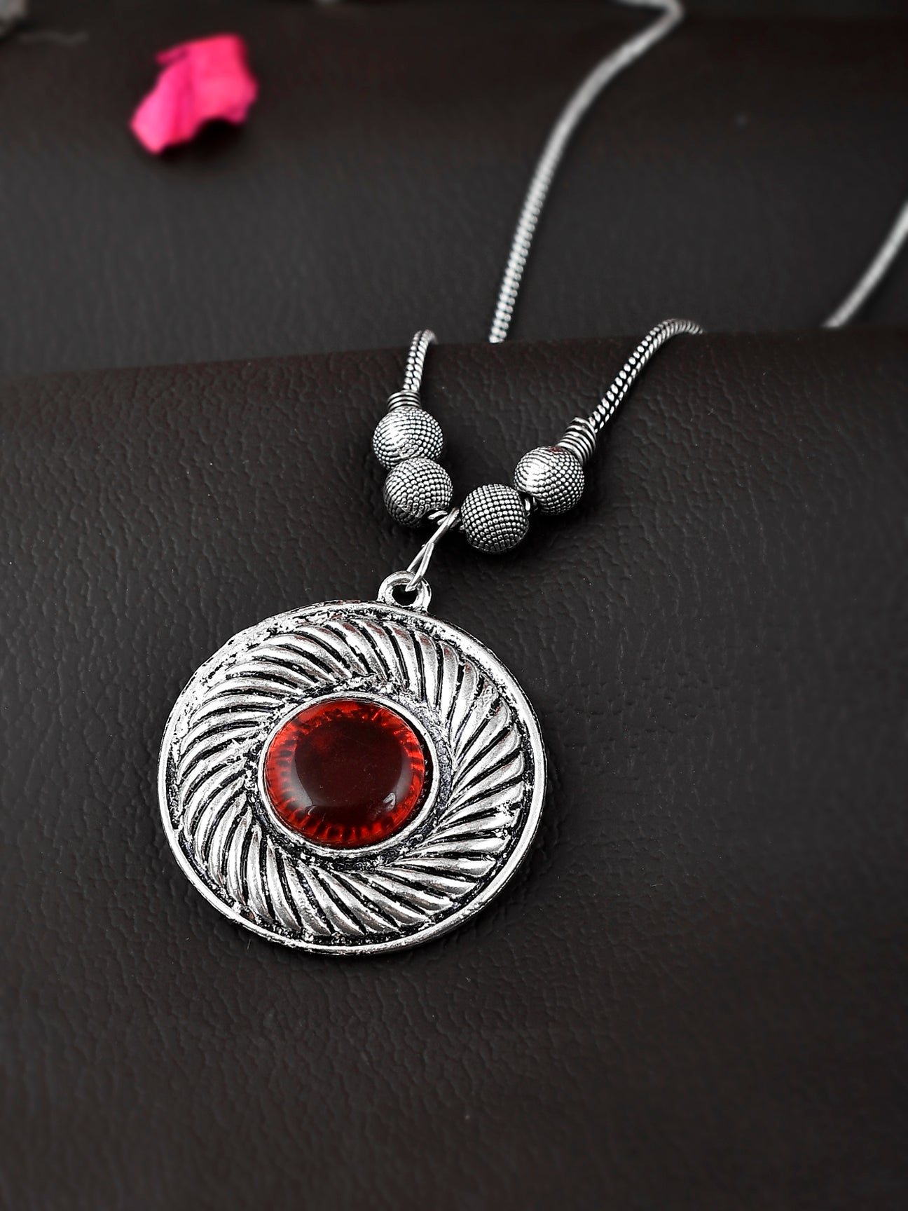 Silver Plated Oxidised Orange Stone Studded Circular Pendant Necklaces for Women Online