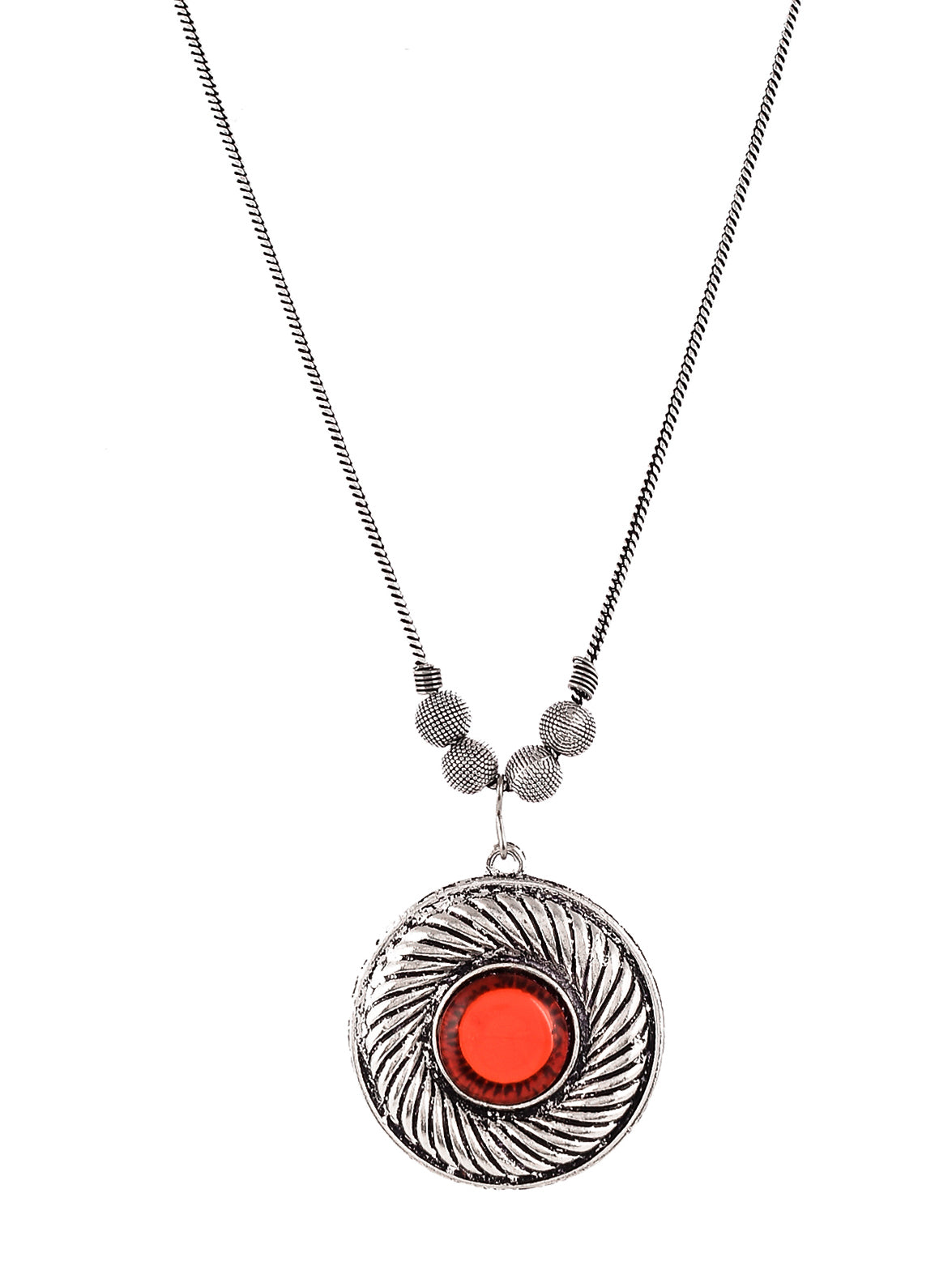 Silver Plated Oxidised Orange Stone Studded Circular Pendant Necklace