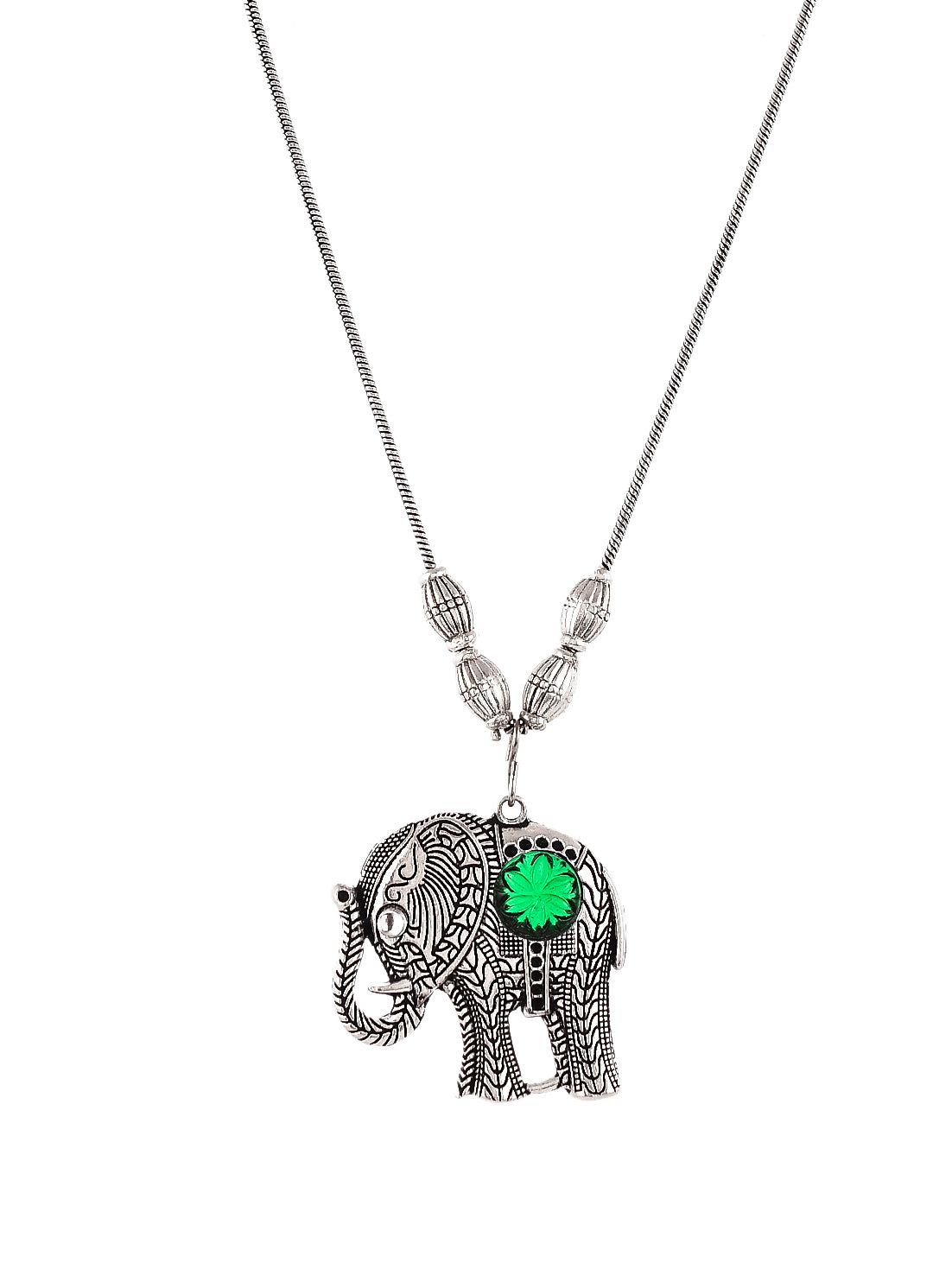 Silver Plated Oxidised Green Stone Studded Elephant Necklace