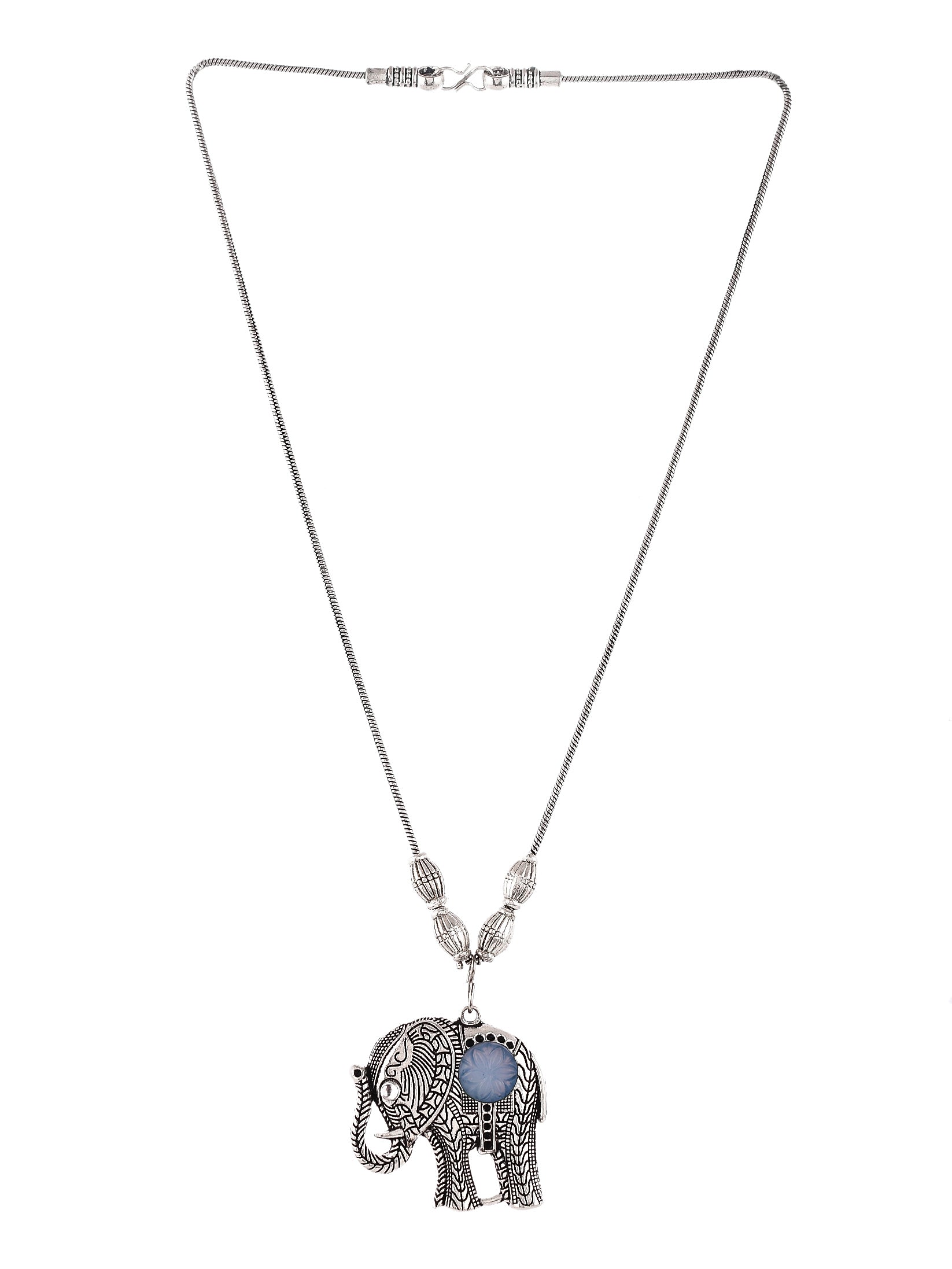 Silver Plated Oxidised Blue Stone Elephant Necklace