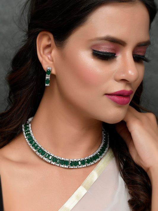 Silver Plated Green American Diamond Stone Studded Jewellery Sets for Women Online