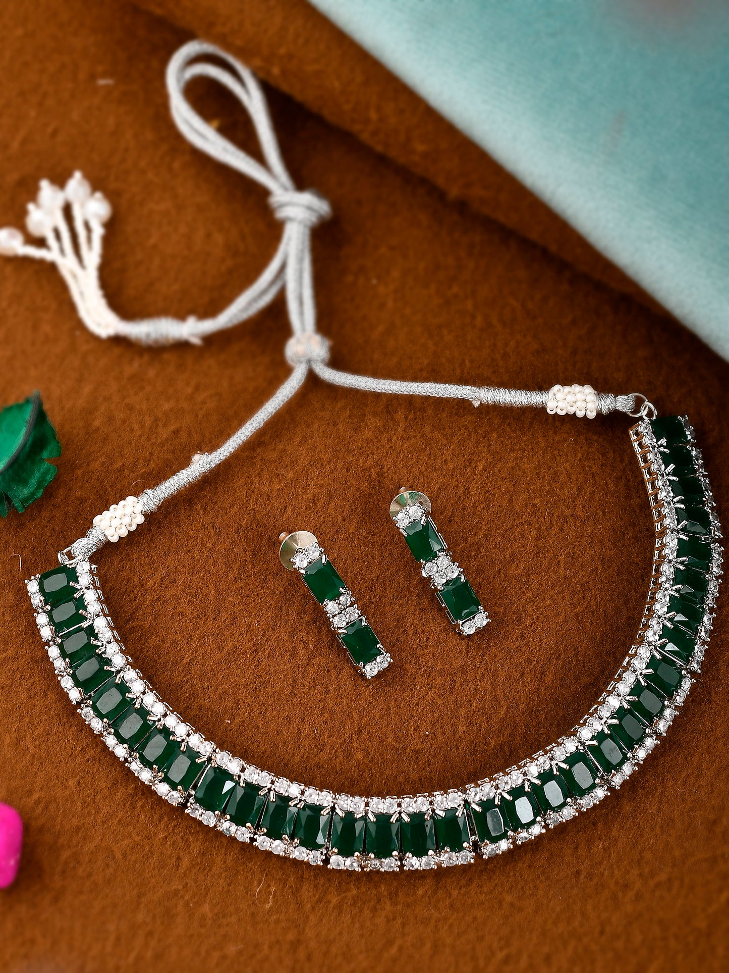 Silver Plated Green American Diamond Stone Studded Jewellery Set