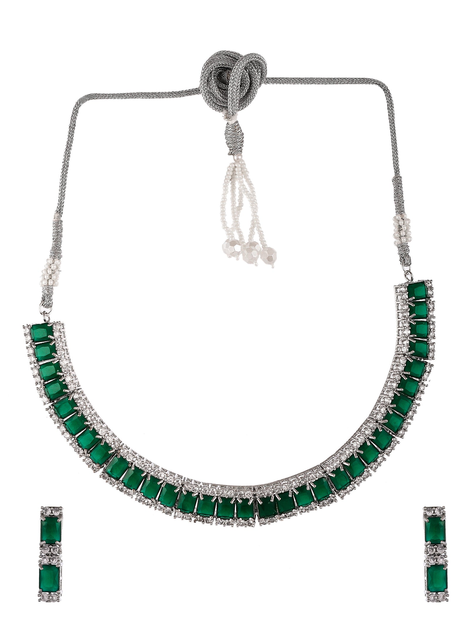 Silver Plated Green American Diamond Stone Studded Jewellery Set