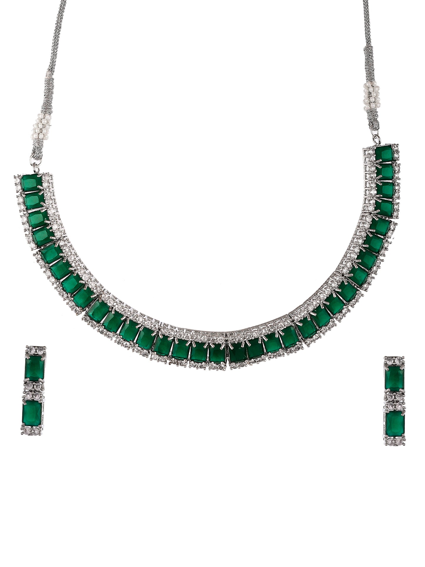 Silver Plated Green American Diamond Stone Studded Jewellery Set