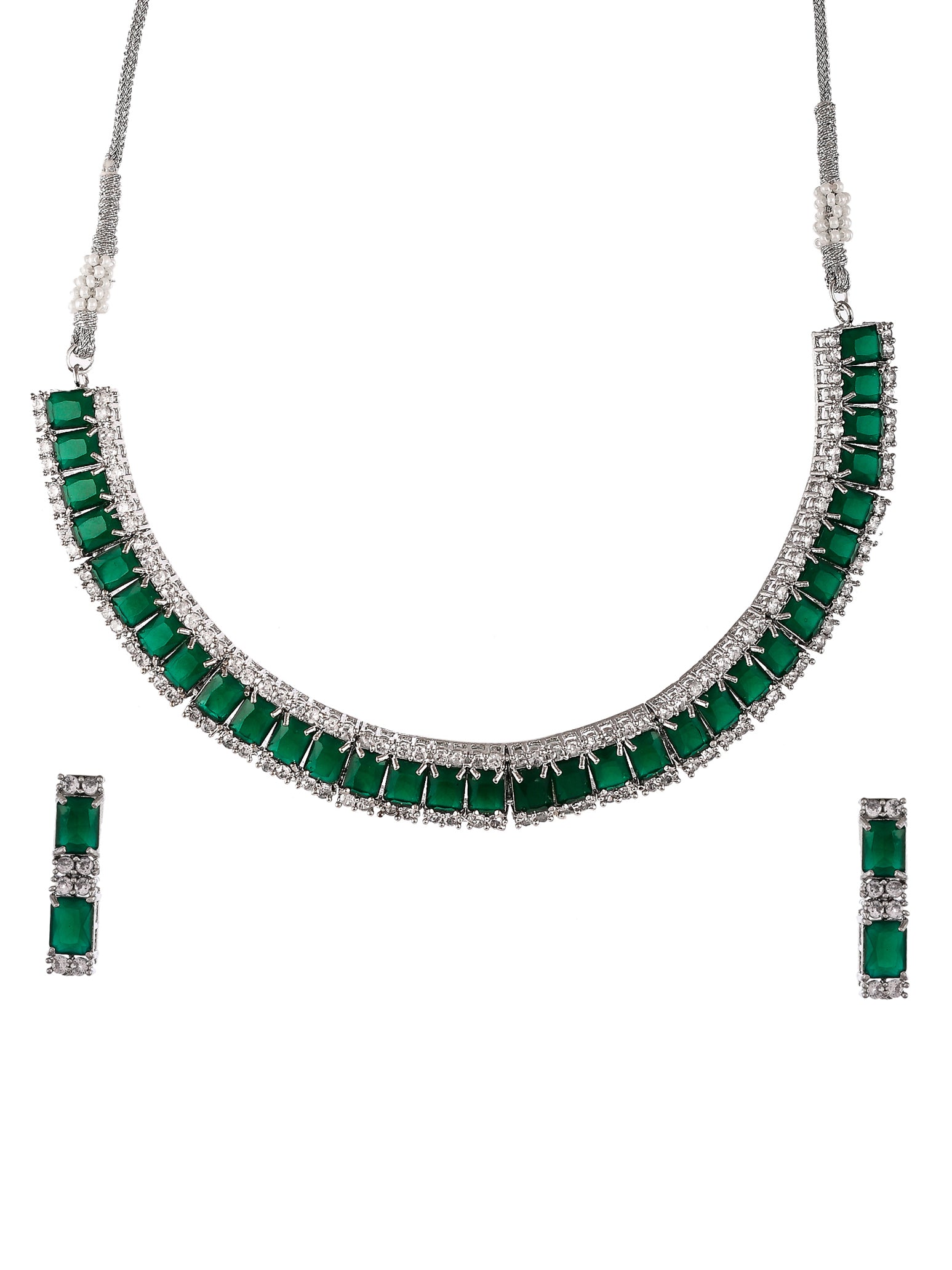 Silver Plated Green American Diamond Stone Studded Jewellery Set