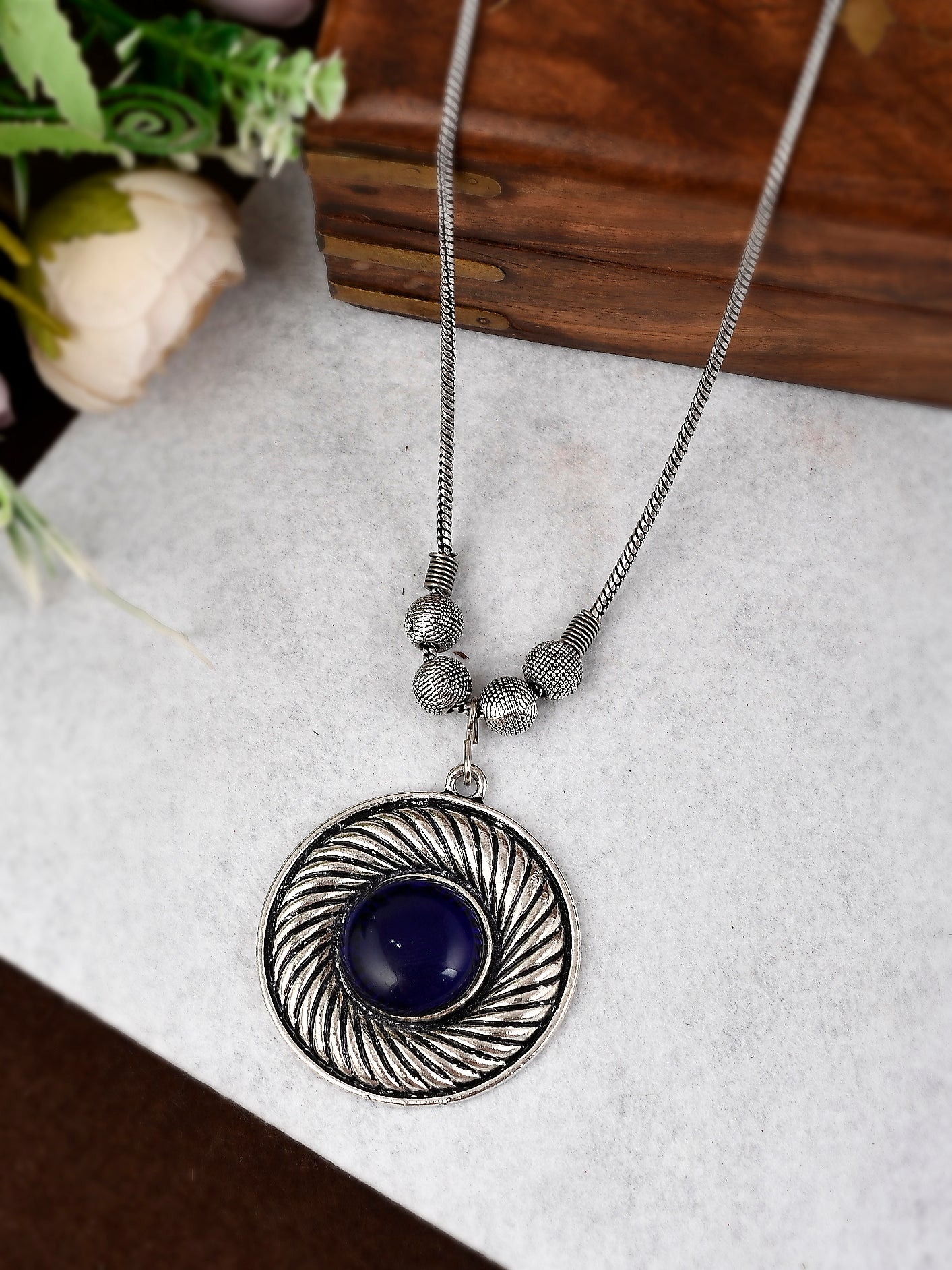 Silver Plated Oxidised Blue Stone Studded Circular Pendant Necklaces for Women Online