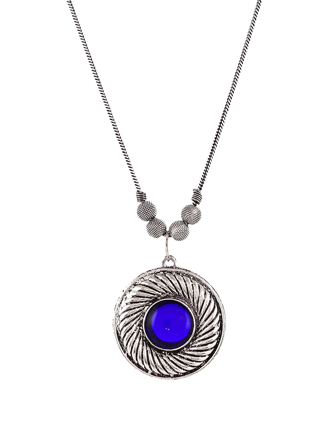 Silver Plated Oxidised Blue Stone Studded Circular Pendant Necklace