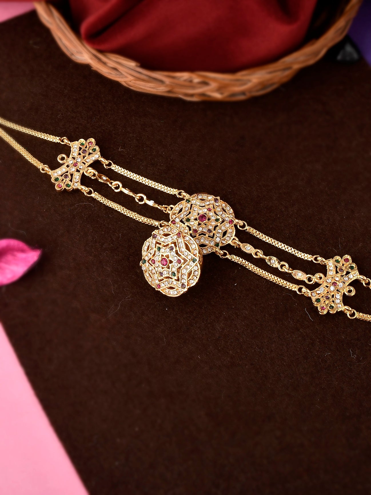 Gold Plated Pink Cubic Zirconia Stone Studded Handcrafted Head Chain With Borla for Women Online