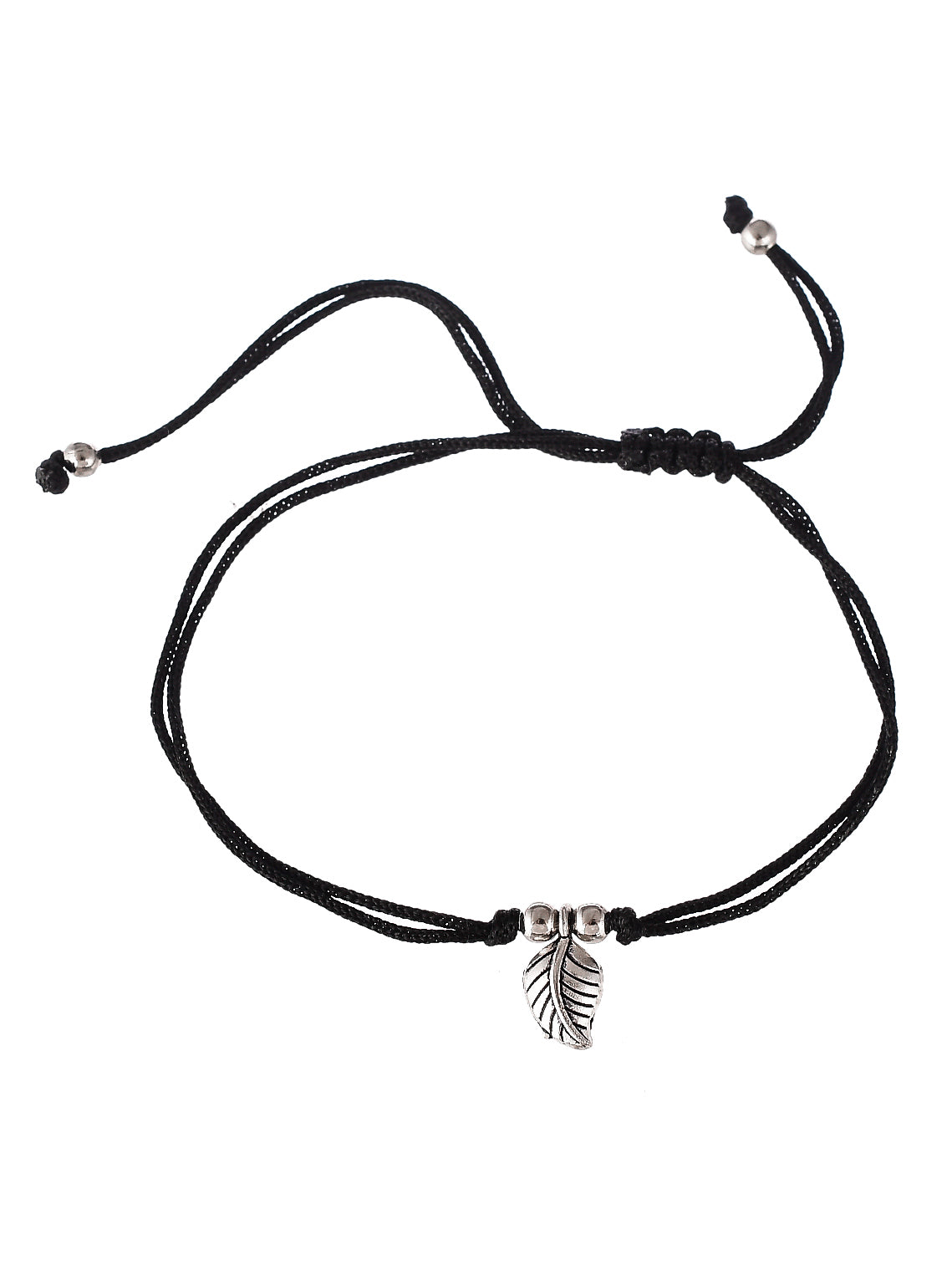 Silver Plated Oxidised Leaf Beaded Threaded Anklet