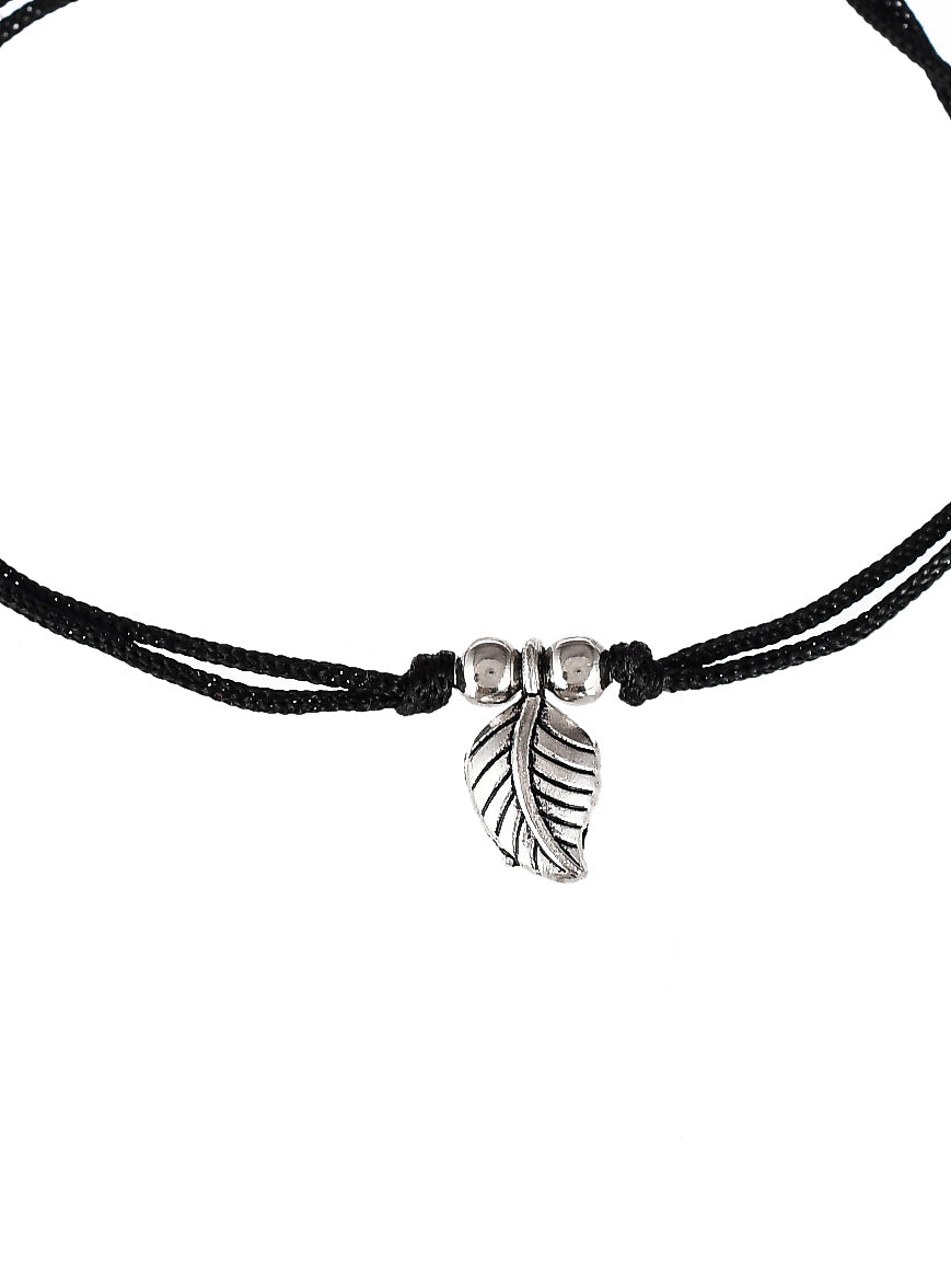 Silver Plated Oxidised Leaf Beaded Threaded Anklet