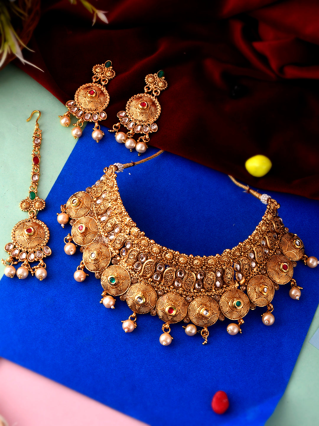 Gold Plated & Kundan Studded Beaded Temple Jewellery Set