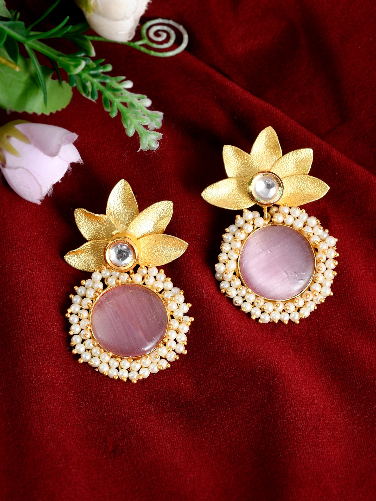 Gold Plated Pink Quartz Floral Heavy Traditional Drop Earrings for Women Online