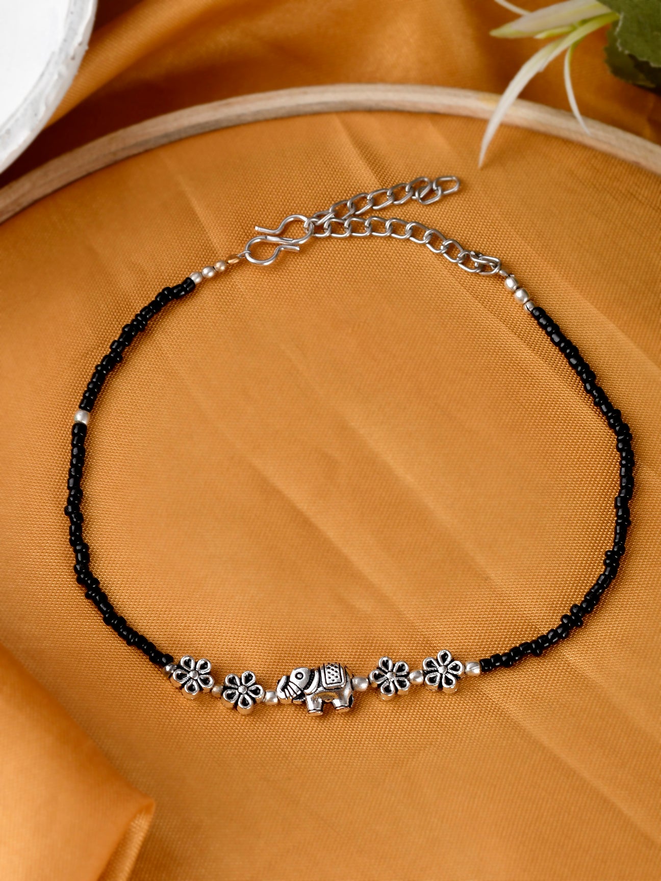 Black Beaded Chain Anklet With Elephant - Anklets for Women Online