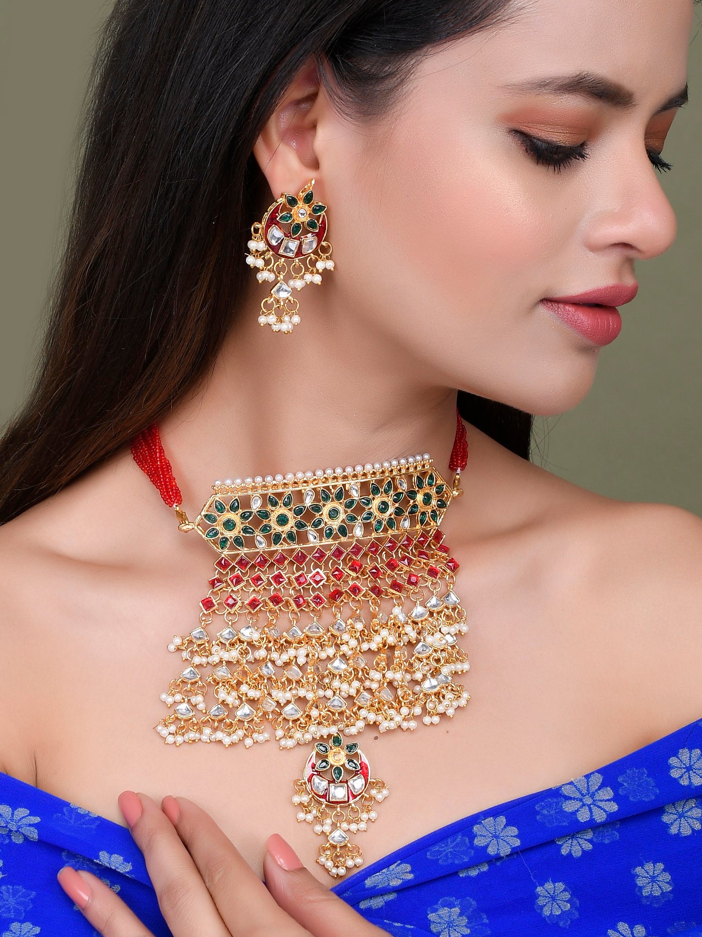Gold Plated Kundan Meenakari Heavy Choker Jewellery Set With Maang Tikka for Women Online