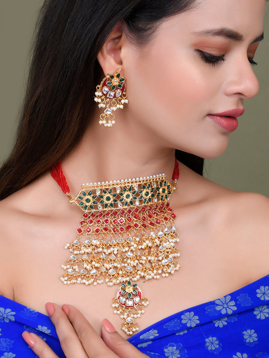 Gold Plated Kundan Meenakari Heavy Choker Jewellery Set With Maang Tikka