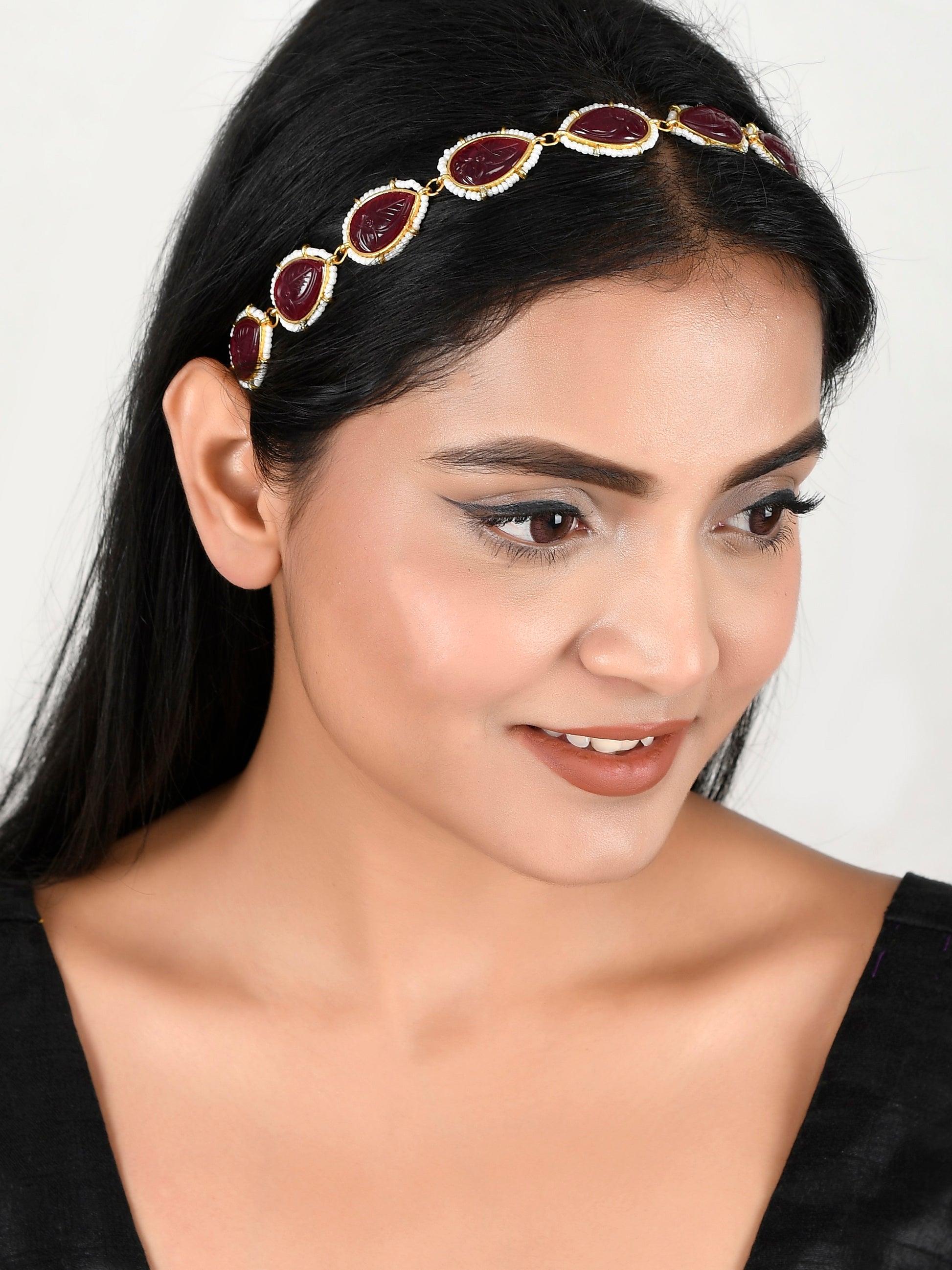 Gold-plated Red Carving Stone Studded Head Chain for Women Online