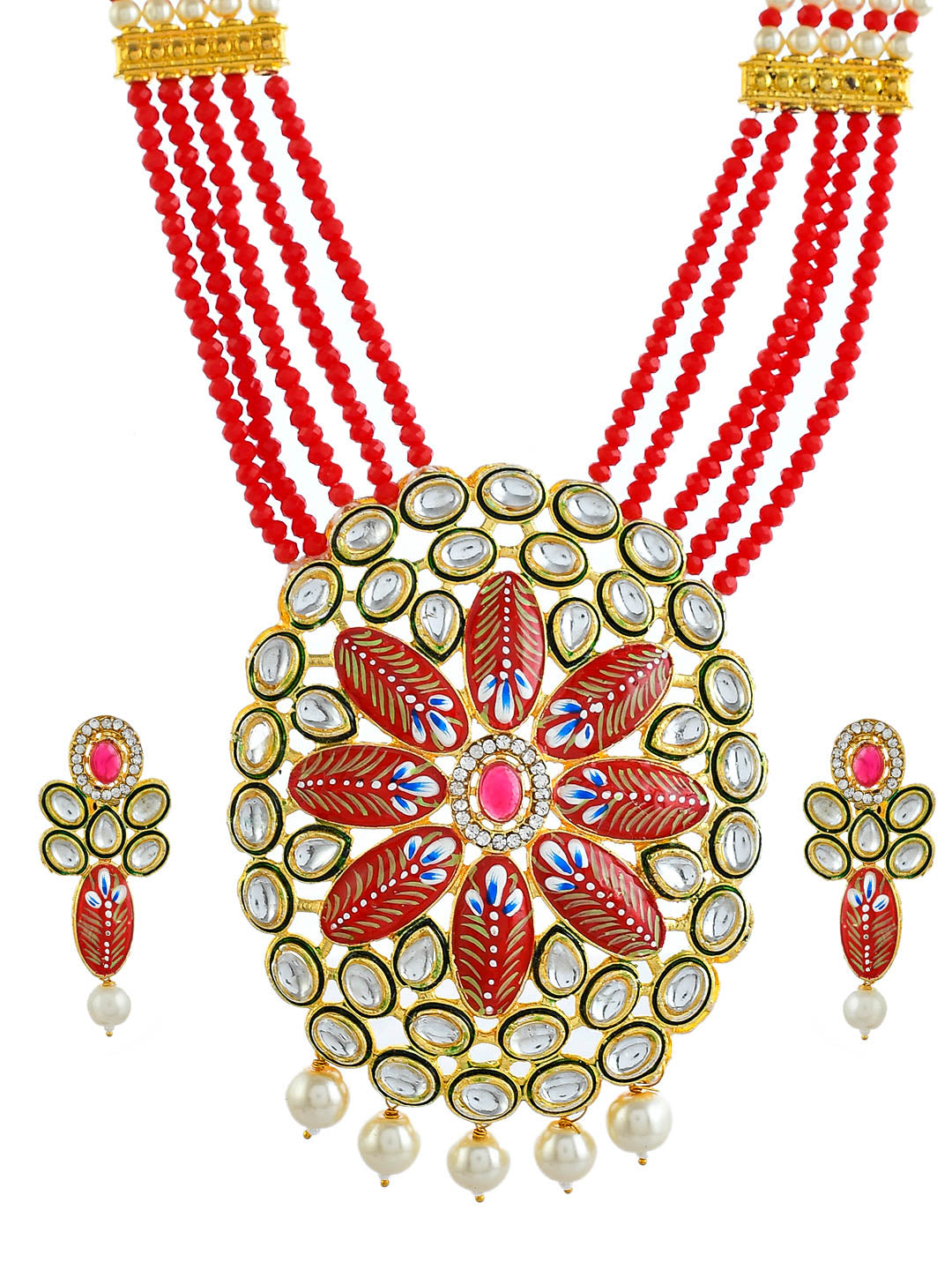 Red Meenakari Long Necklace Jewellery Set For Women