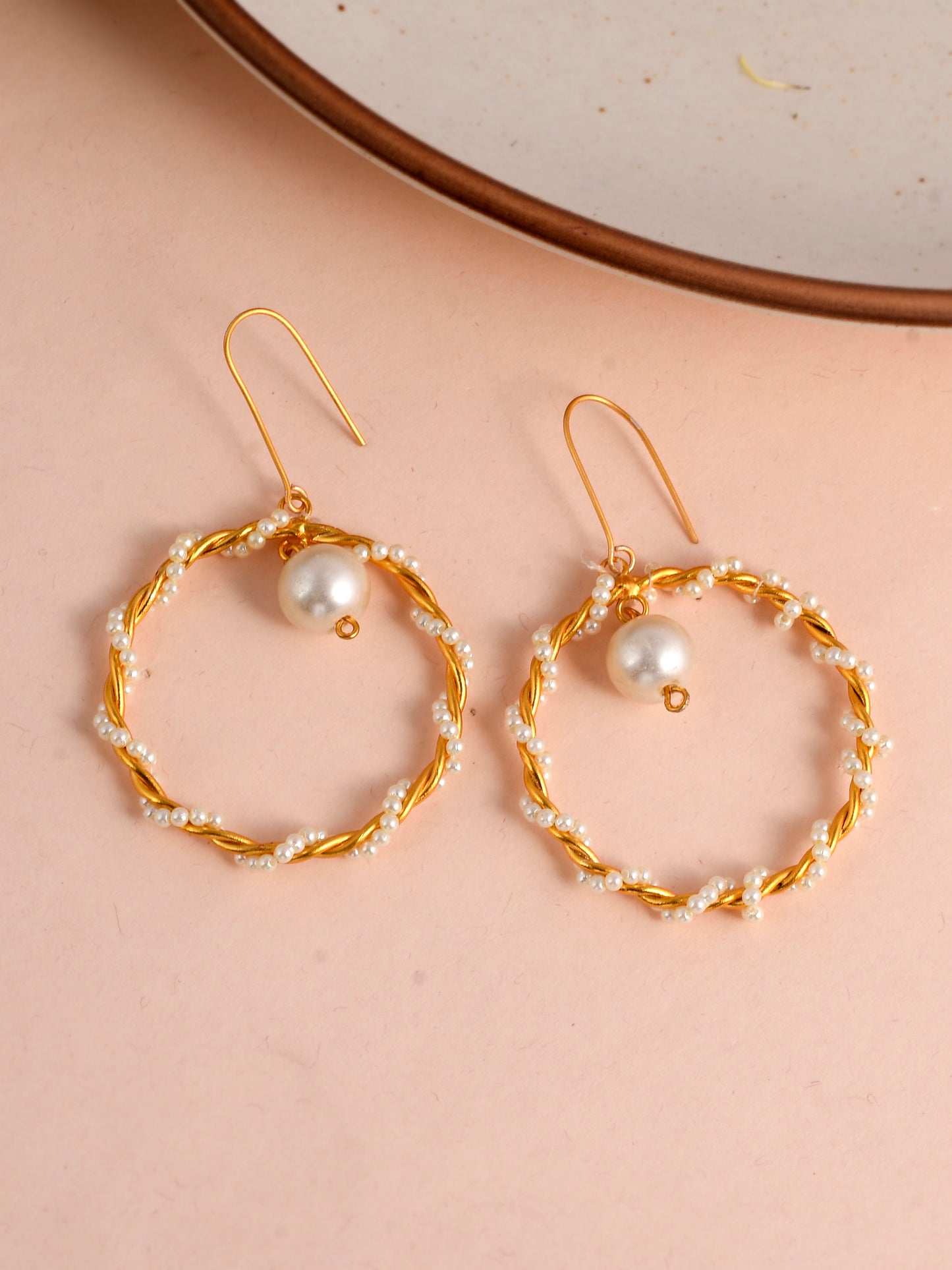 Gold Plated Pearl Circular Drop Earring