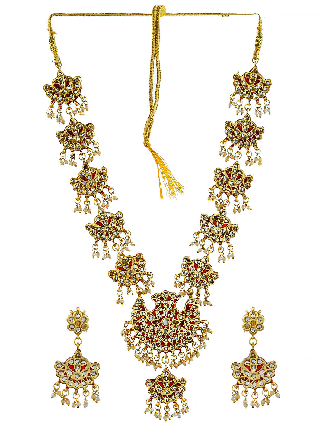 Red Traditional Gold Plated Kundan Meenakari Pearl Bridal Jewelry Set