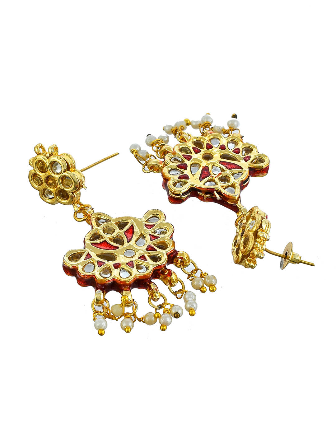 Red Traditional Gold Plated Kundan Meenakari Pearl Bridal Jewelry Set