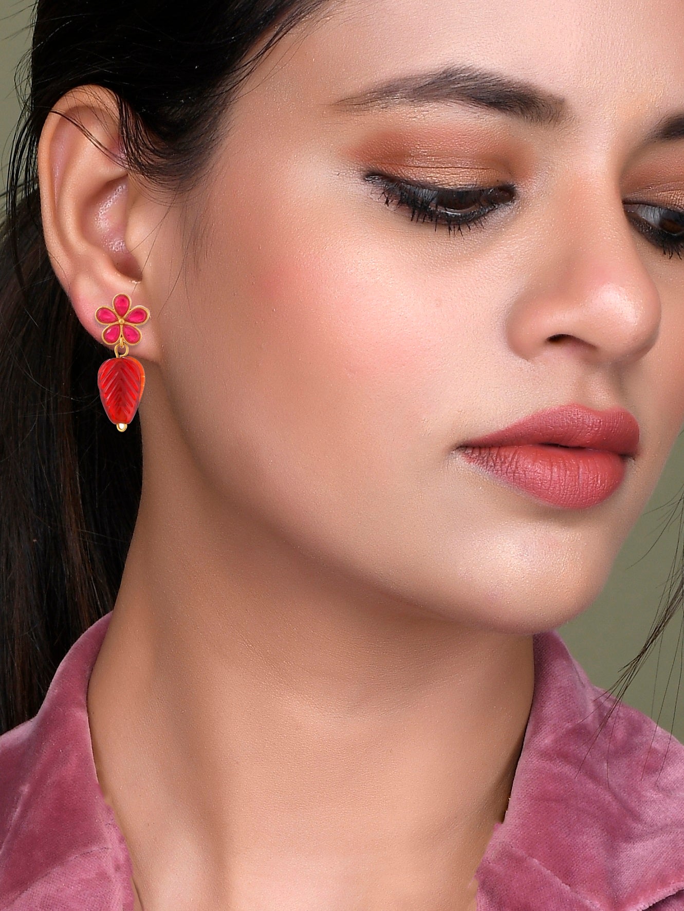 Gold Plated Red Stone Floral Earrings