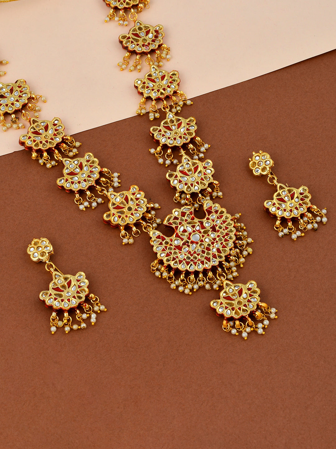 Red Traditional Gold Plated Kundan Meenakari Pearl Bridal Jewelry Set
