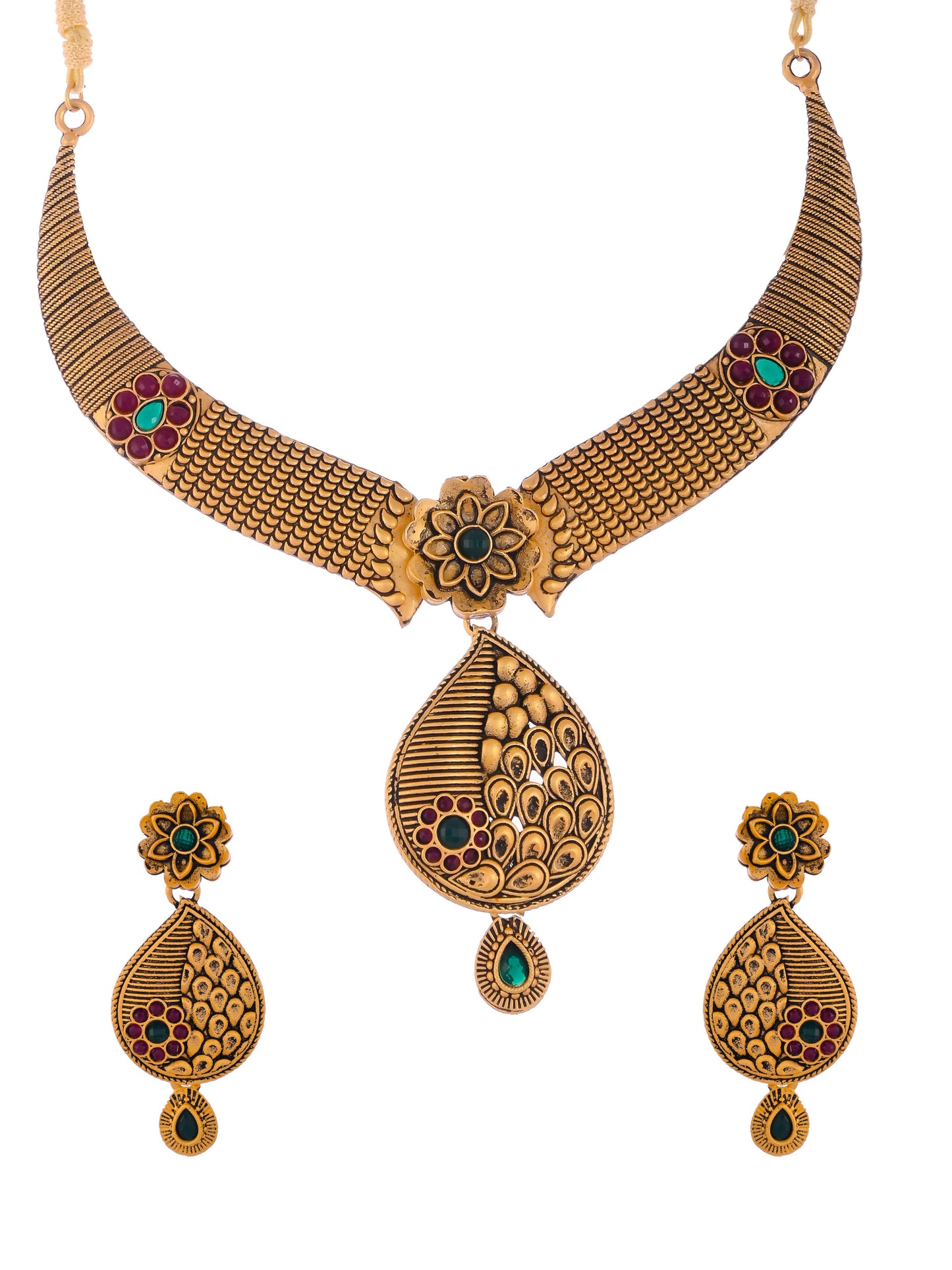 Gold Plated Red Green Stone Studded Temple Jewellery Set