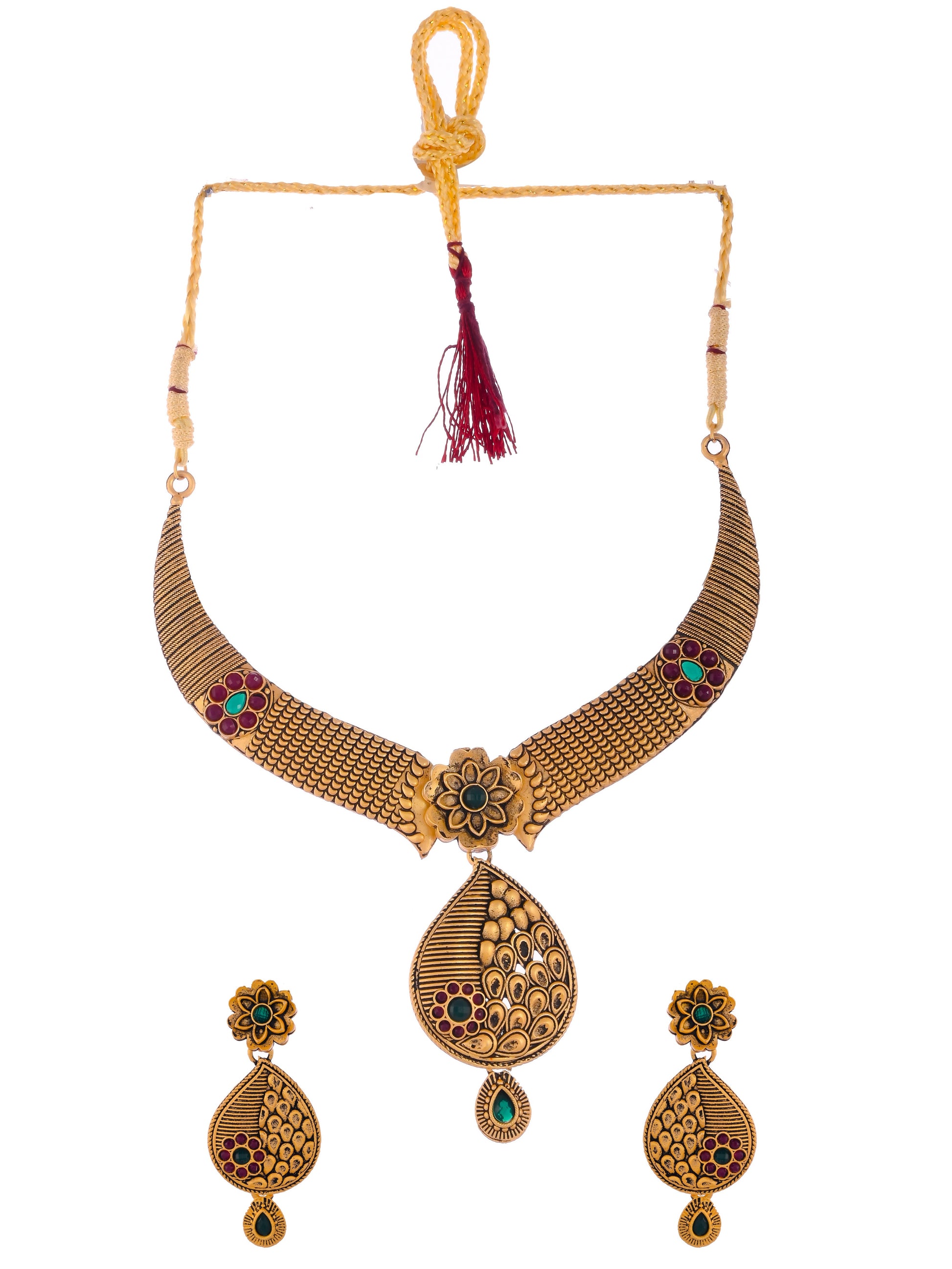 Gold Plated Red Green Stone Studded Temple Jewellery Set
