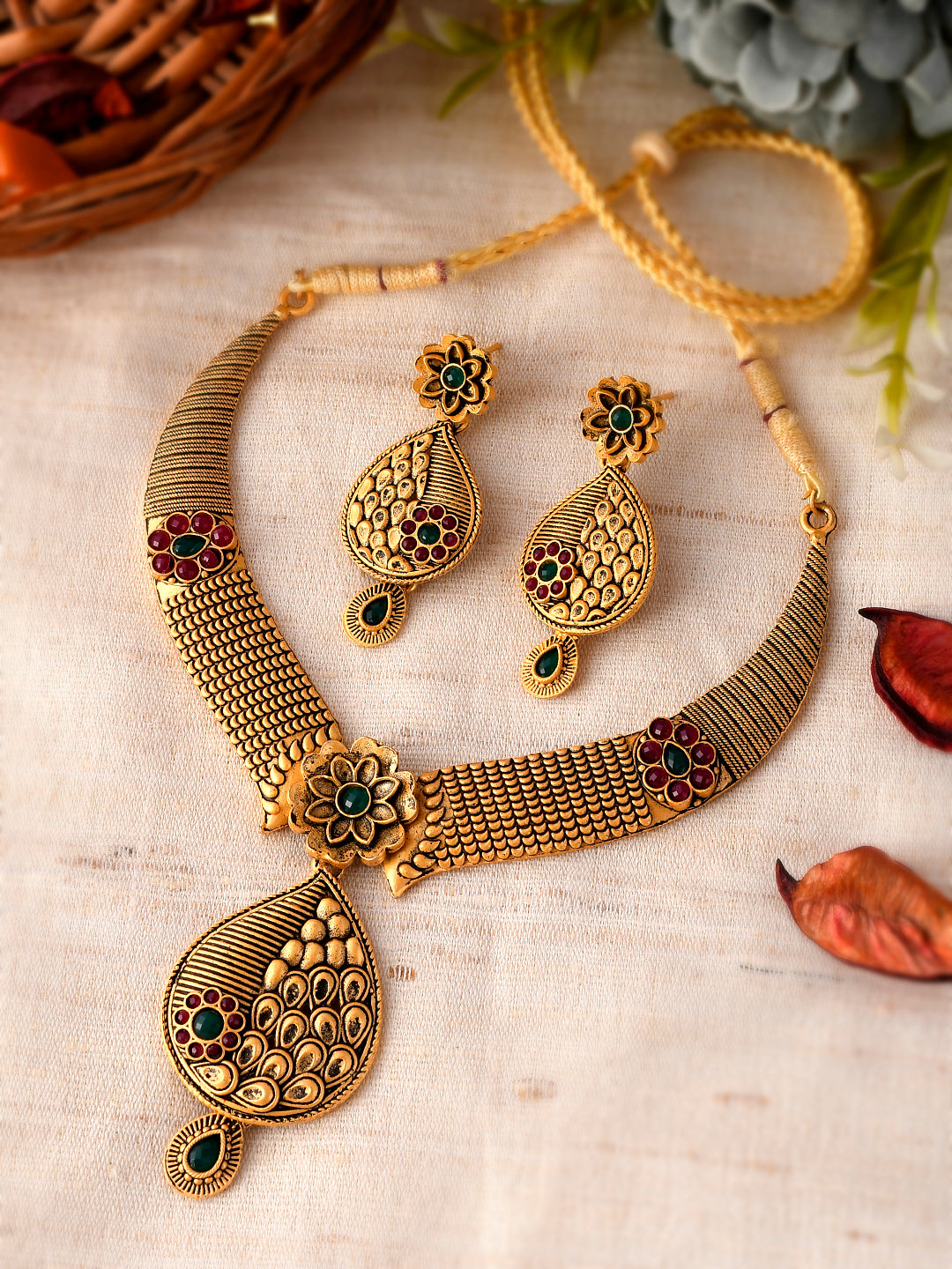 Gold Plated Red Green Stone Studded Temple Jewellery Set