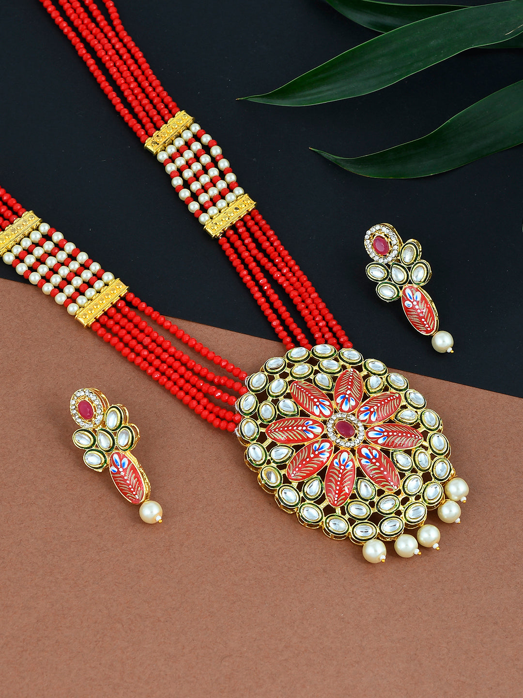 Red Meenakari Long Necklace Jewellery Set For Women
