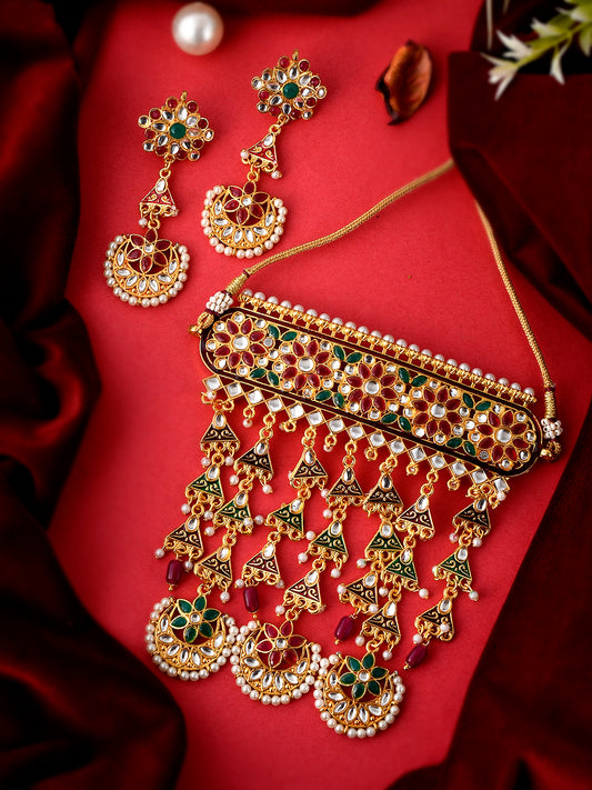 Gold Plated Red White Kundan Stone Studded Jewellery Set