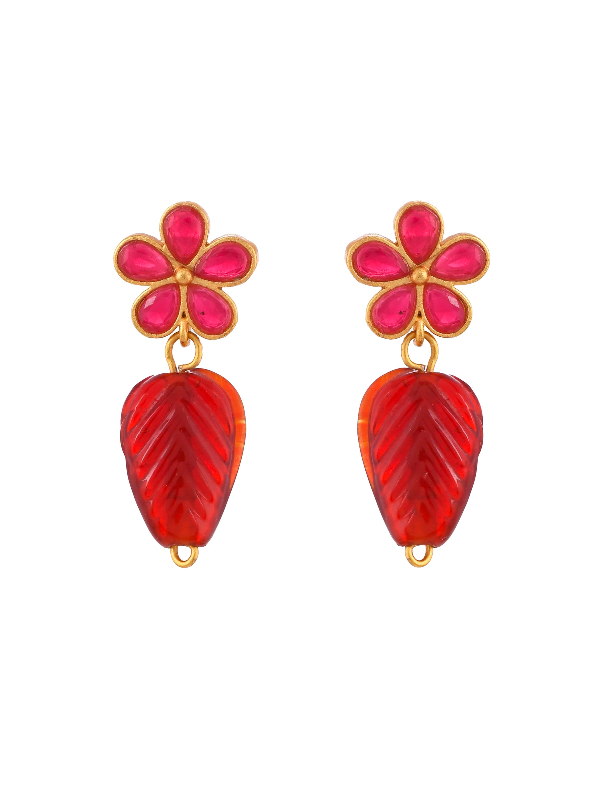 Gold Plated Red Stone Floral Earrings