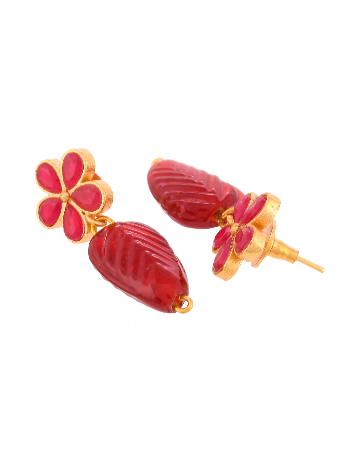 Gold Plated Red Stone Floral Earrings