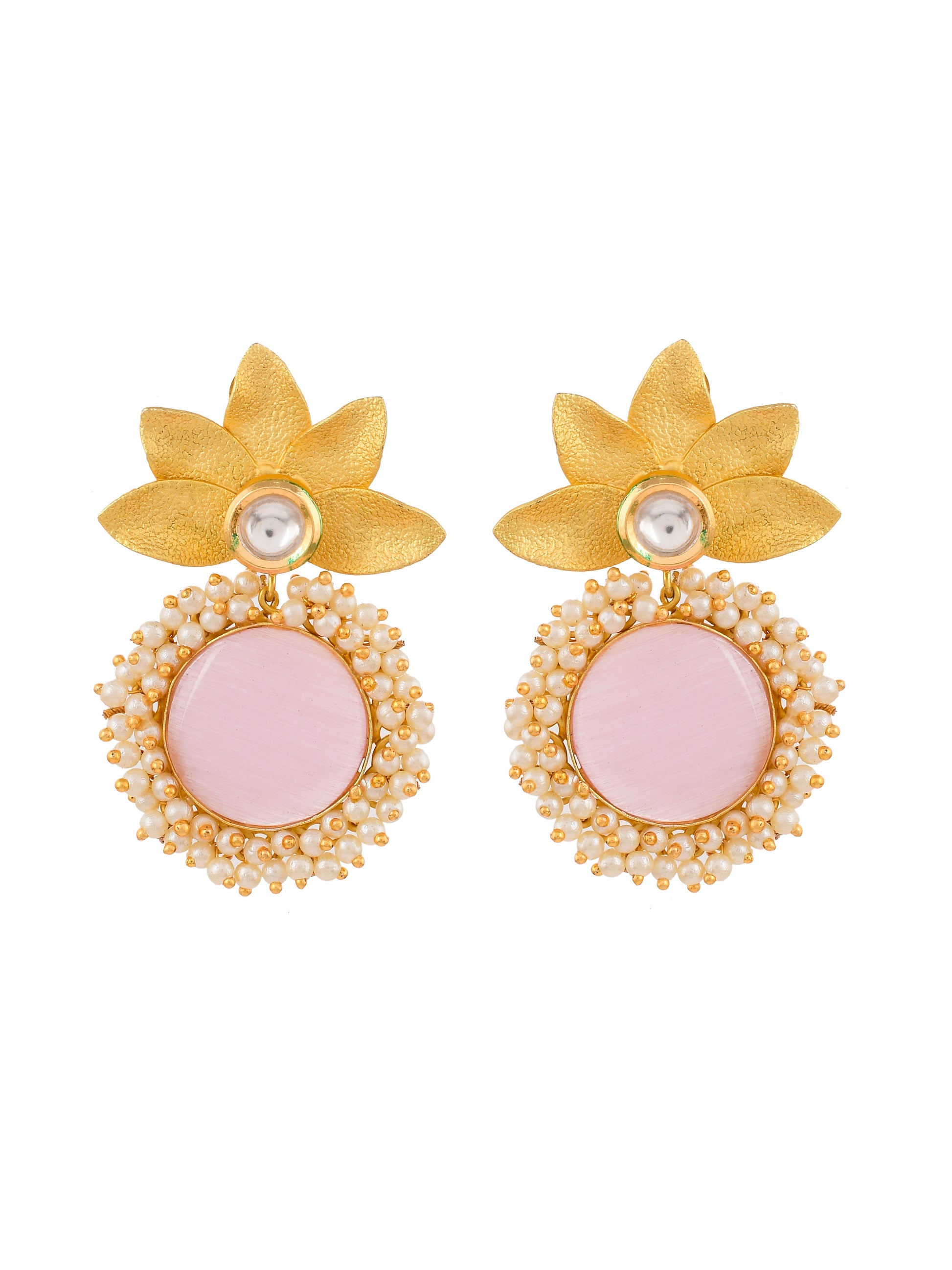 Gold Plated Pink Quartz Floral Heavy Traditional Drop Earrings