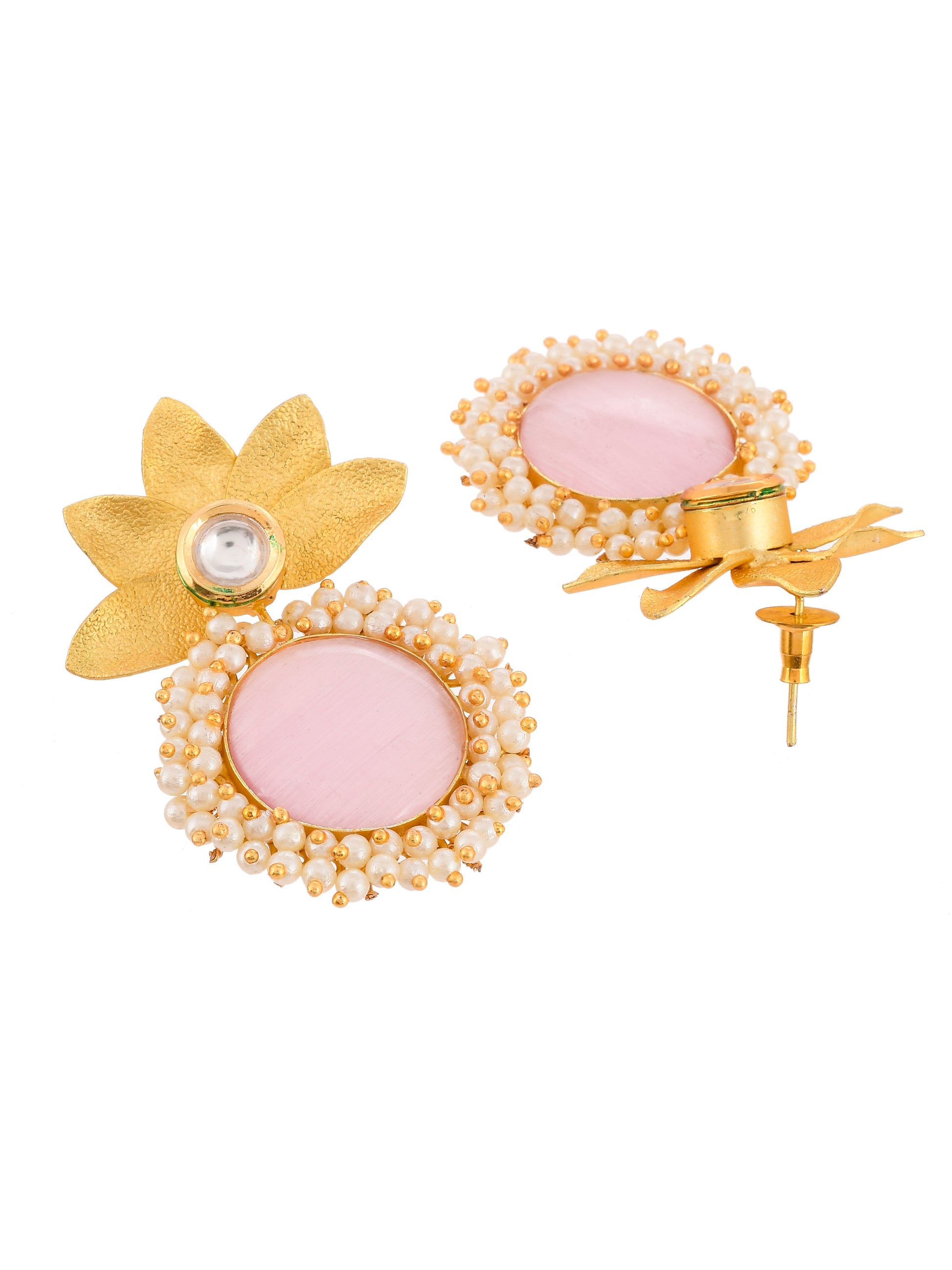 Gold Plated Pink Quartz Floral Heavy Traditional Drop Earrings