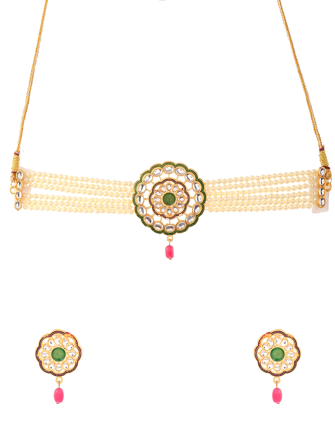 Gold Plated Pearl Kundan Brooch Choker Jewellery Set