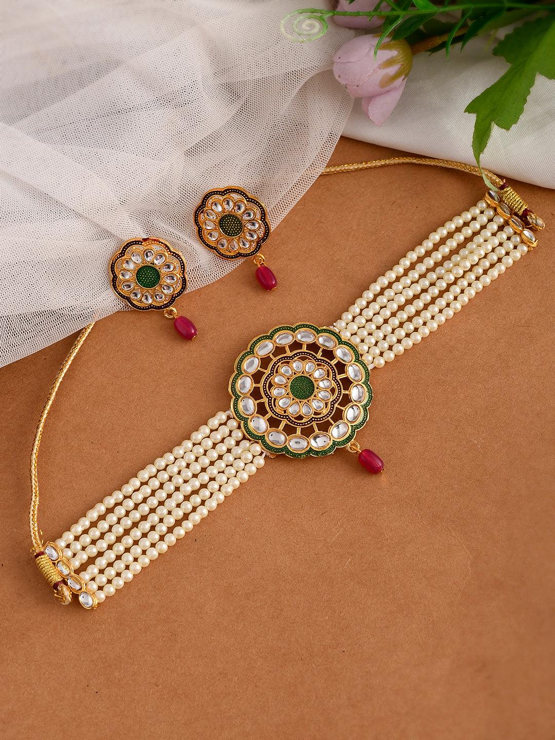 Gold Plated Pearl Kundan Brooch Choker Jewellery Sets for Women Online