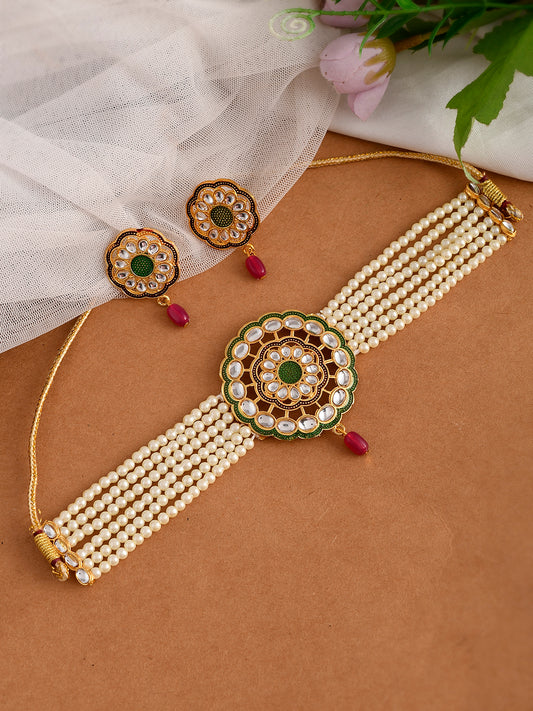 Gold Plated Pearl Kundan Brooch Choker Jewellery Sets for Women Online