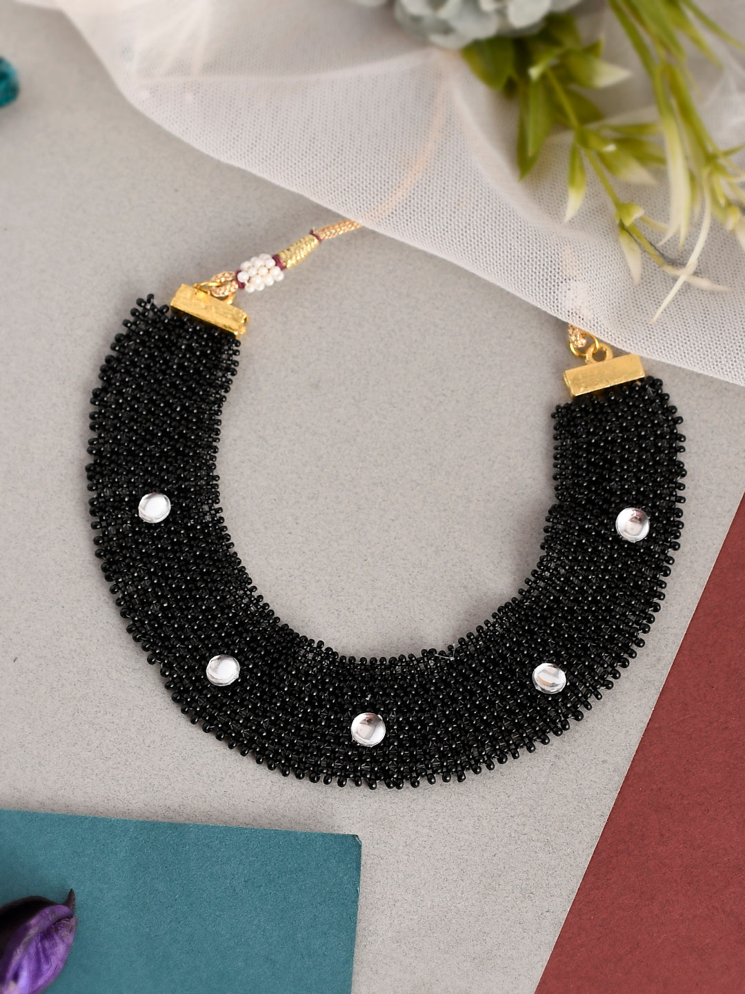 Gold Plated Black Beads Choker Necklace