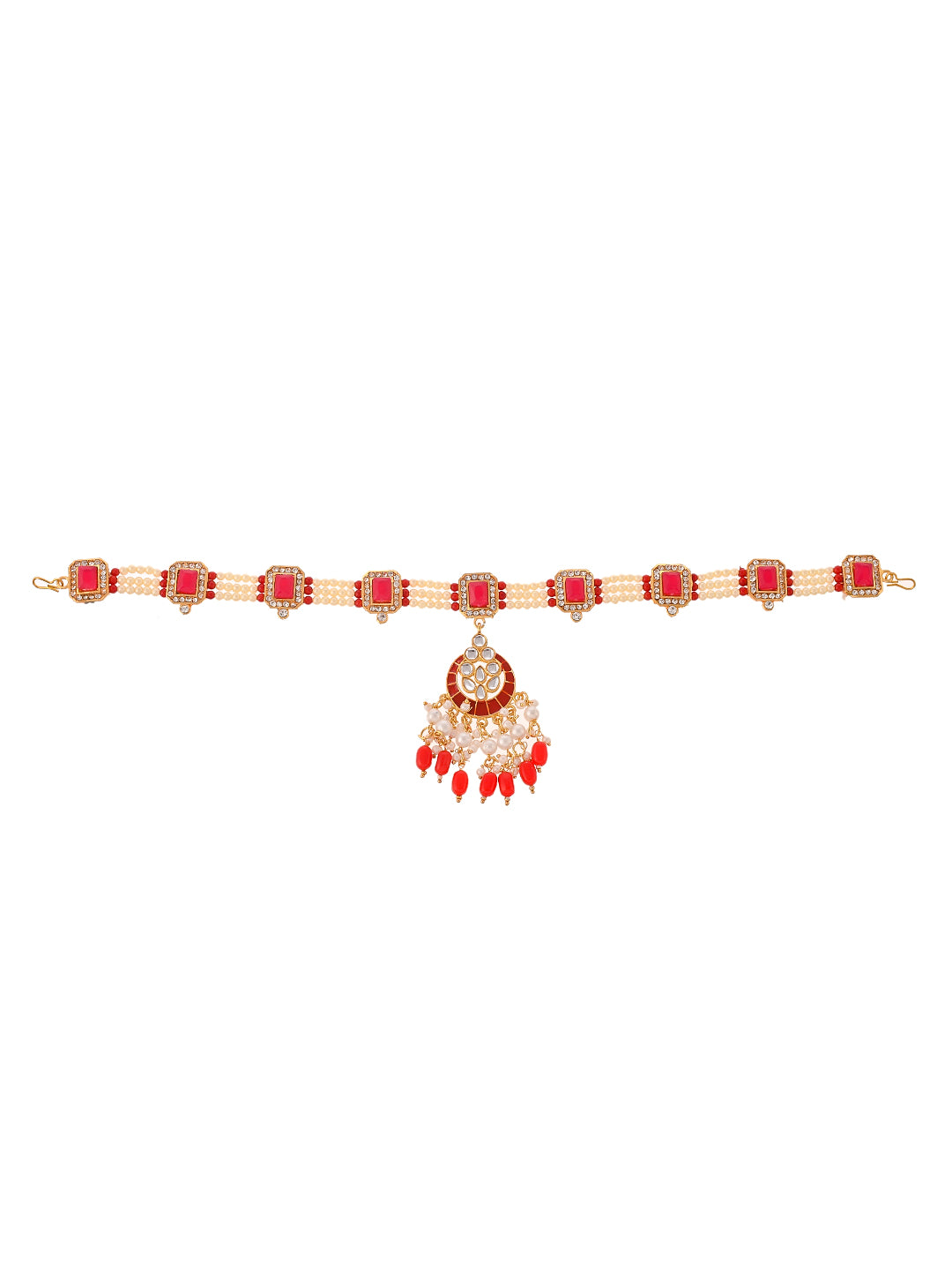 Orange Beed Pearl Ad Red Traditional Wedding Matha Patti Sheeshphool