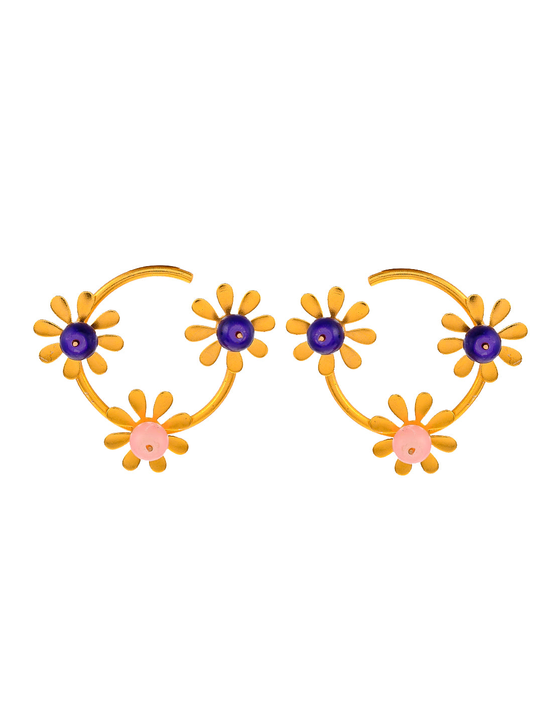 Gold Plated Pink Quartz Floral Half Hoop Earrings