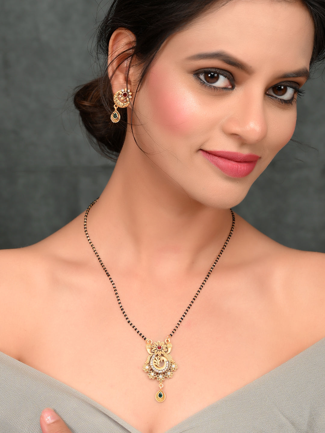 Black & Gold-Toned Stone-Studded Mangalsutra, Earrings and Ring Set – VOYLLA