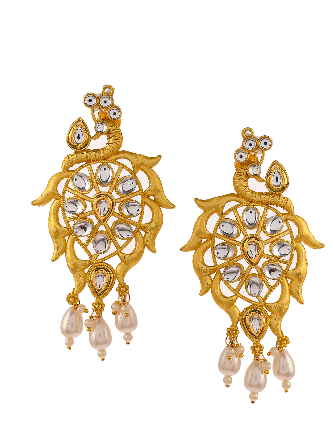 Gold Plated Peacock Kundan Enamalled Drop Earrings