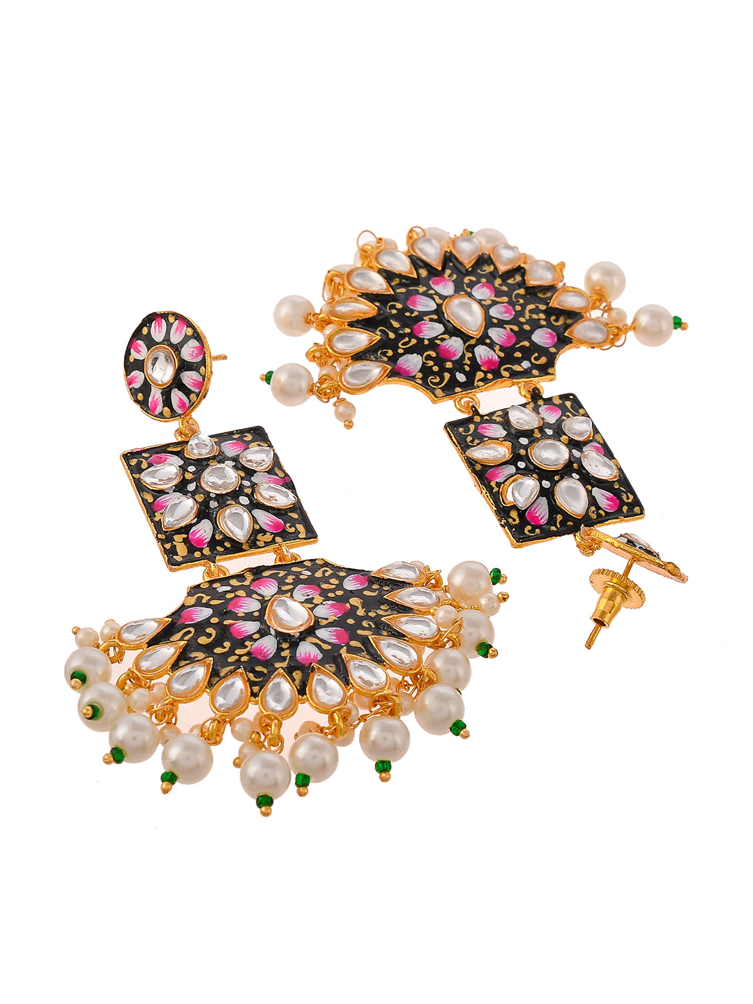 Gold Plated Handpainted Ethnic Kundan Dangle Earrings