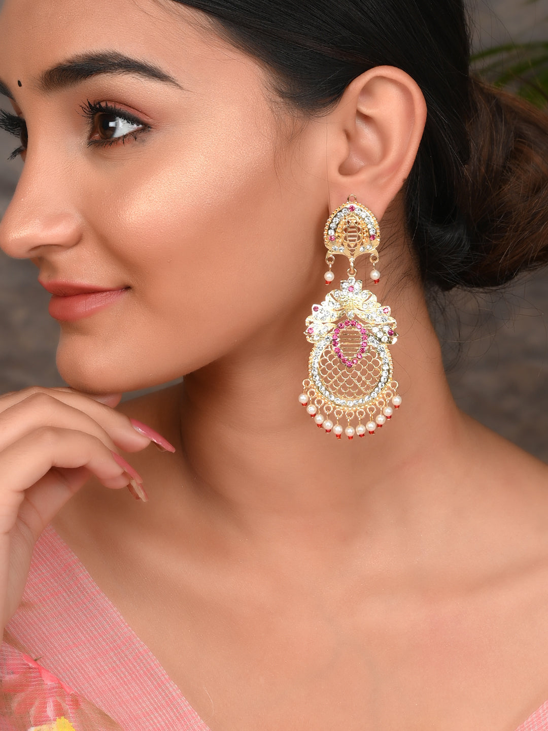 Gold Plated Ethnic Long Handcrafted Cubic Zirconia Dangle Earrings