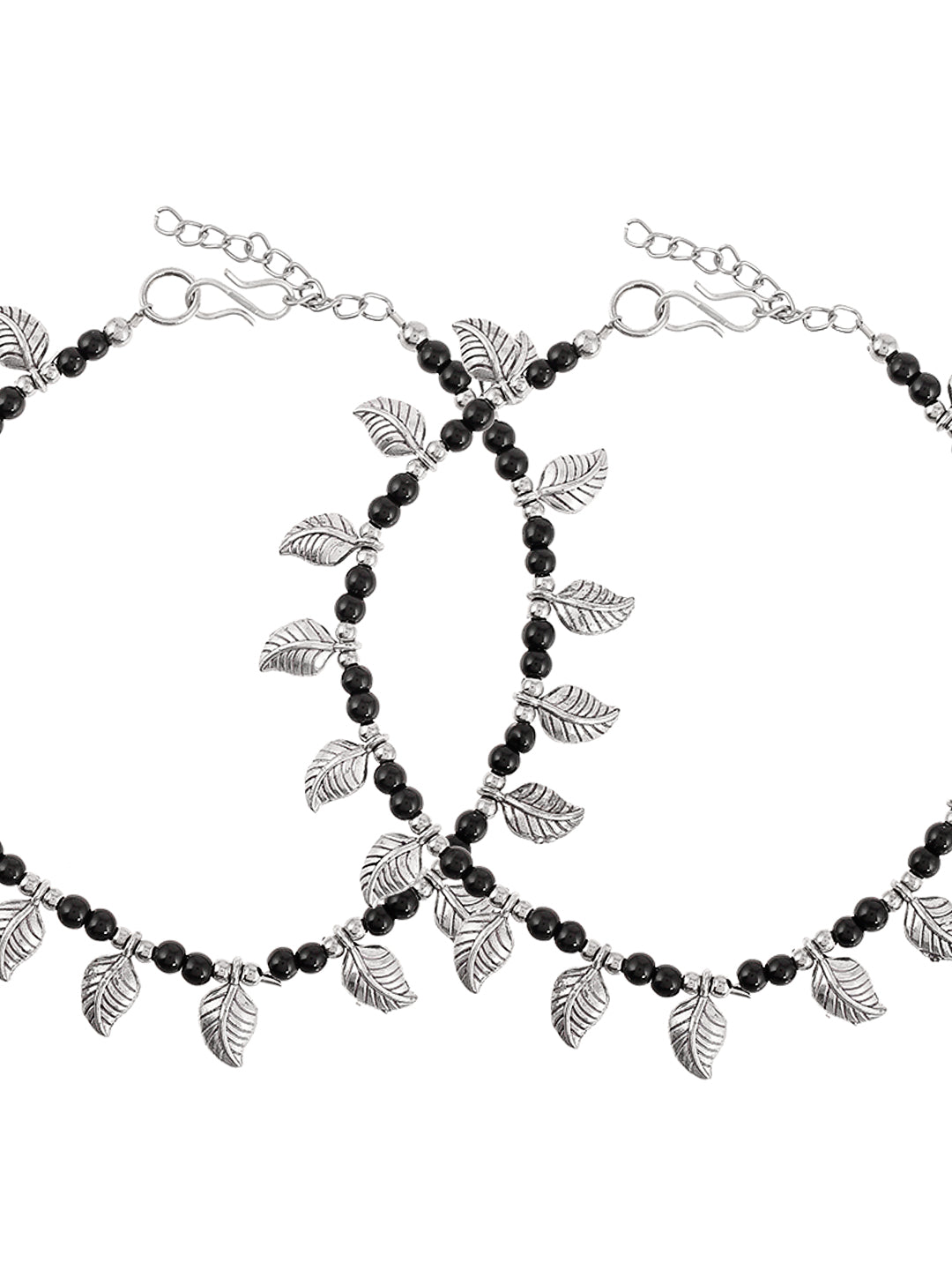 Oxidized Silver Plated Black Beads Leaf Charm Payal